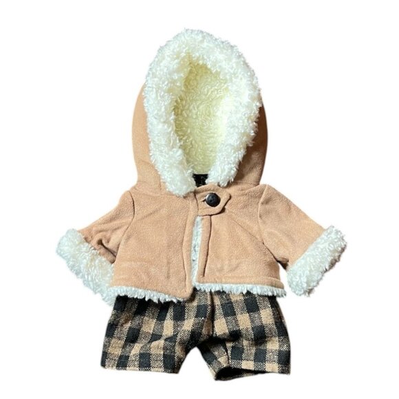Stuffed Bear Outfit: Plaid Jumpsuit & Button Suede Jacket w/Hood & Furry Lining - Picture 5 of 6